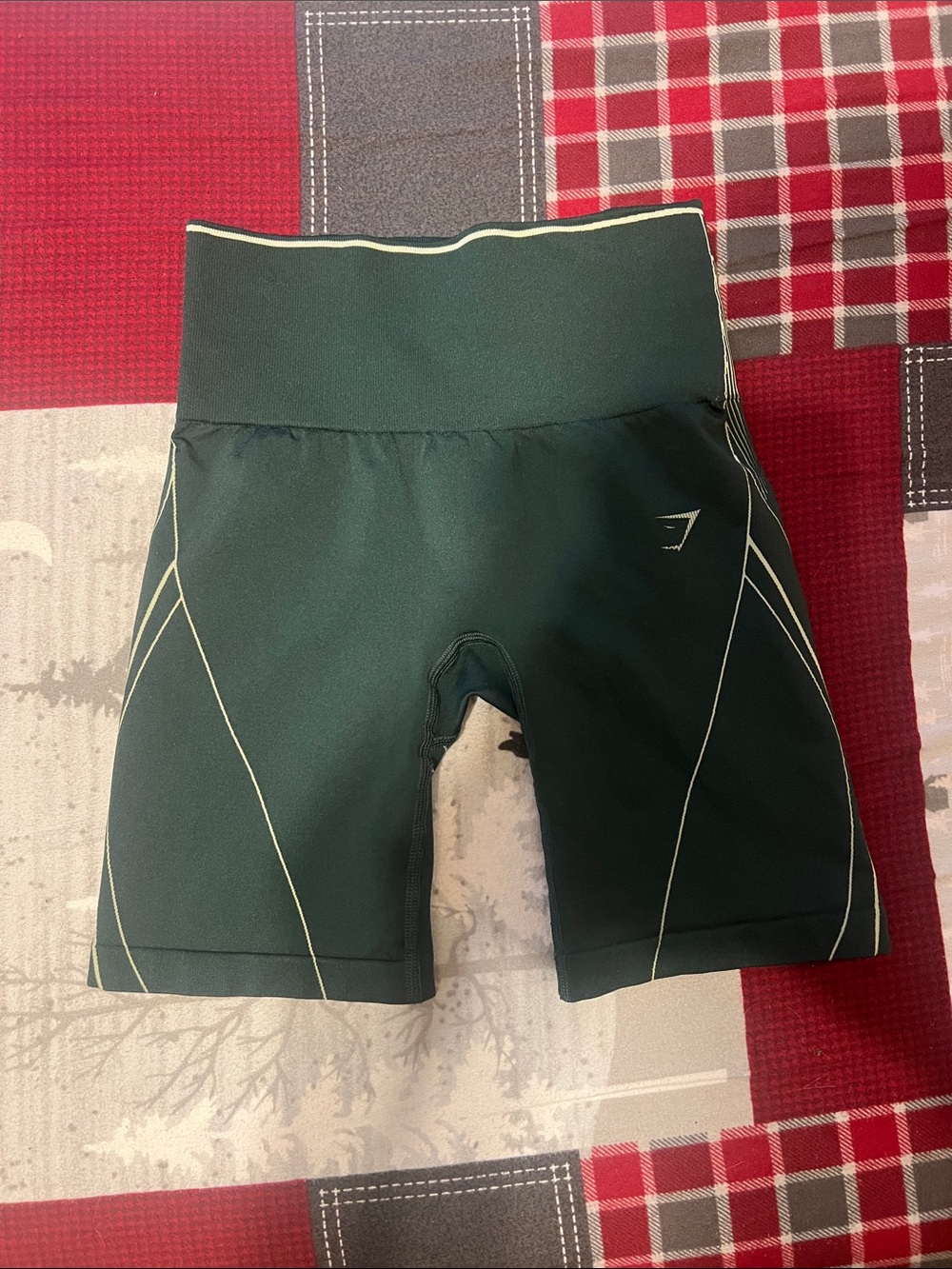 Gymshark Women's Dark Green High-Waist Bike Shorts with Cream Piping
